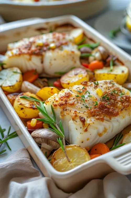 Bacalao con verduras y patatas al horno