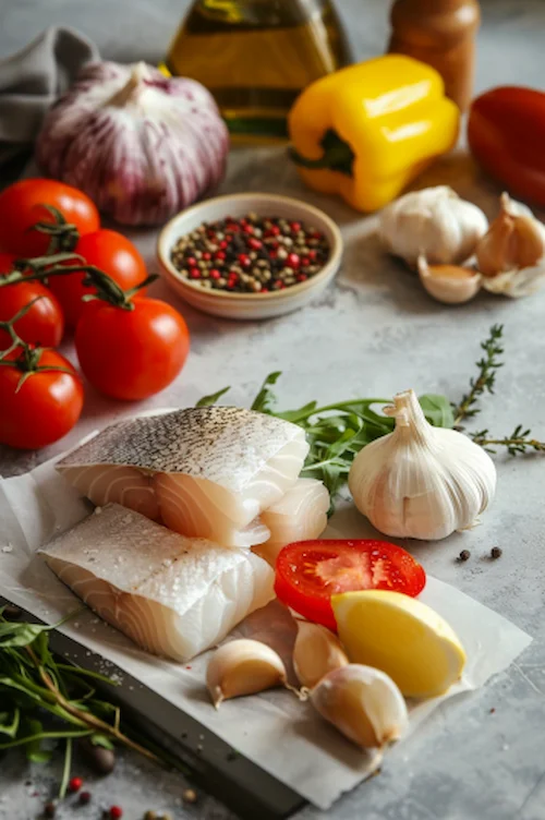 ingredientes Bacalao con verduras y patatas al horno